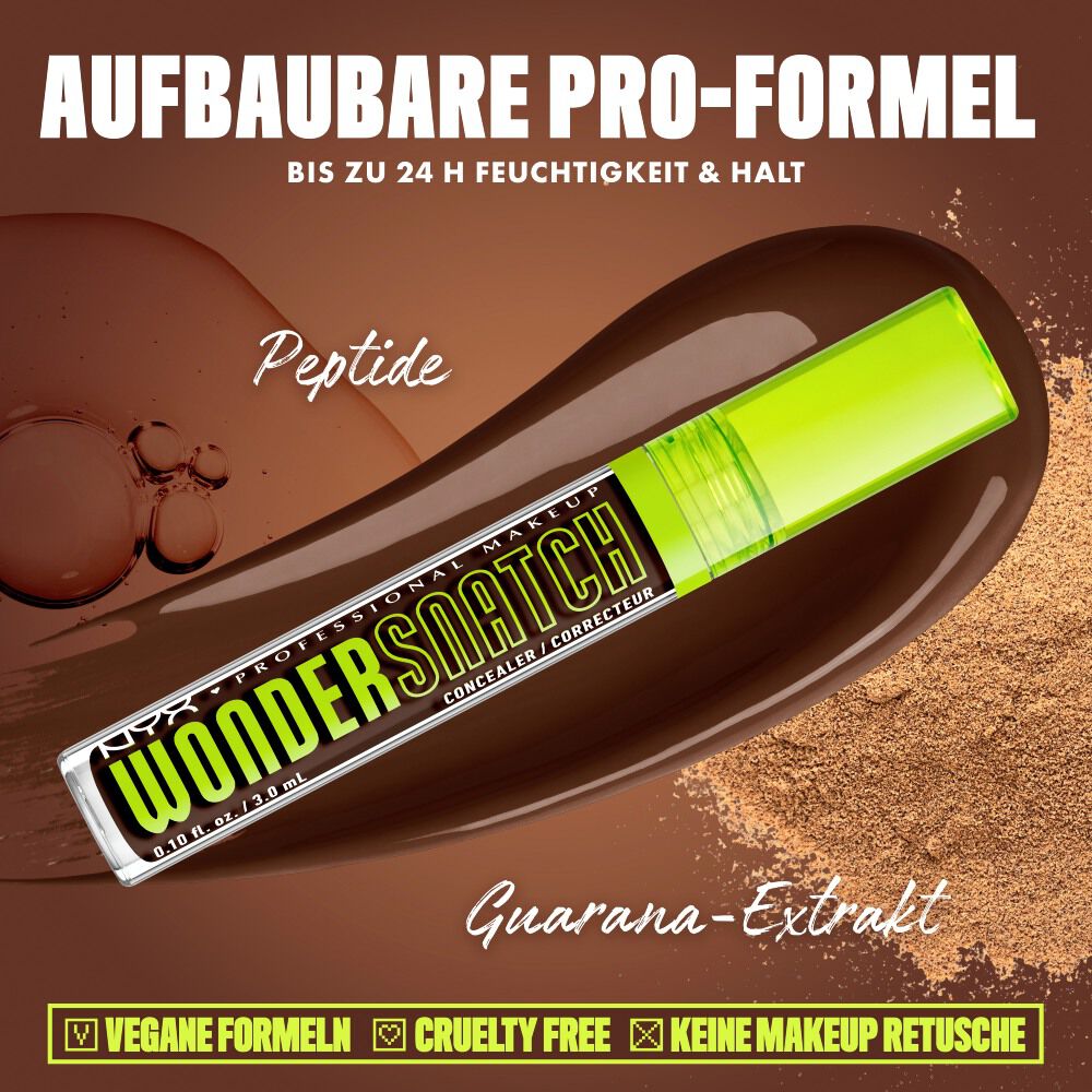 Produktgrafik des NYX Wonder Snatch™ Concealers, die die aufbaubare Formel mit Peptiden und Guarana-Extrakt fur bis zu 24 Stunden Feuchtigkeit und Halt prasentiert.