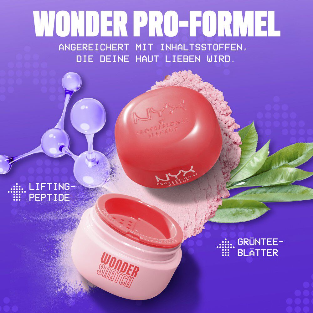 Offenes Wonder Snatch Lifting Setting Powder neben Inhaltsstoffen der Wonder Pro-Formel mit straffenden Peptiden und grunem Tee