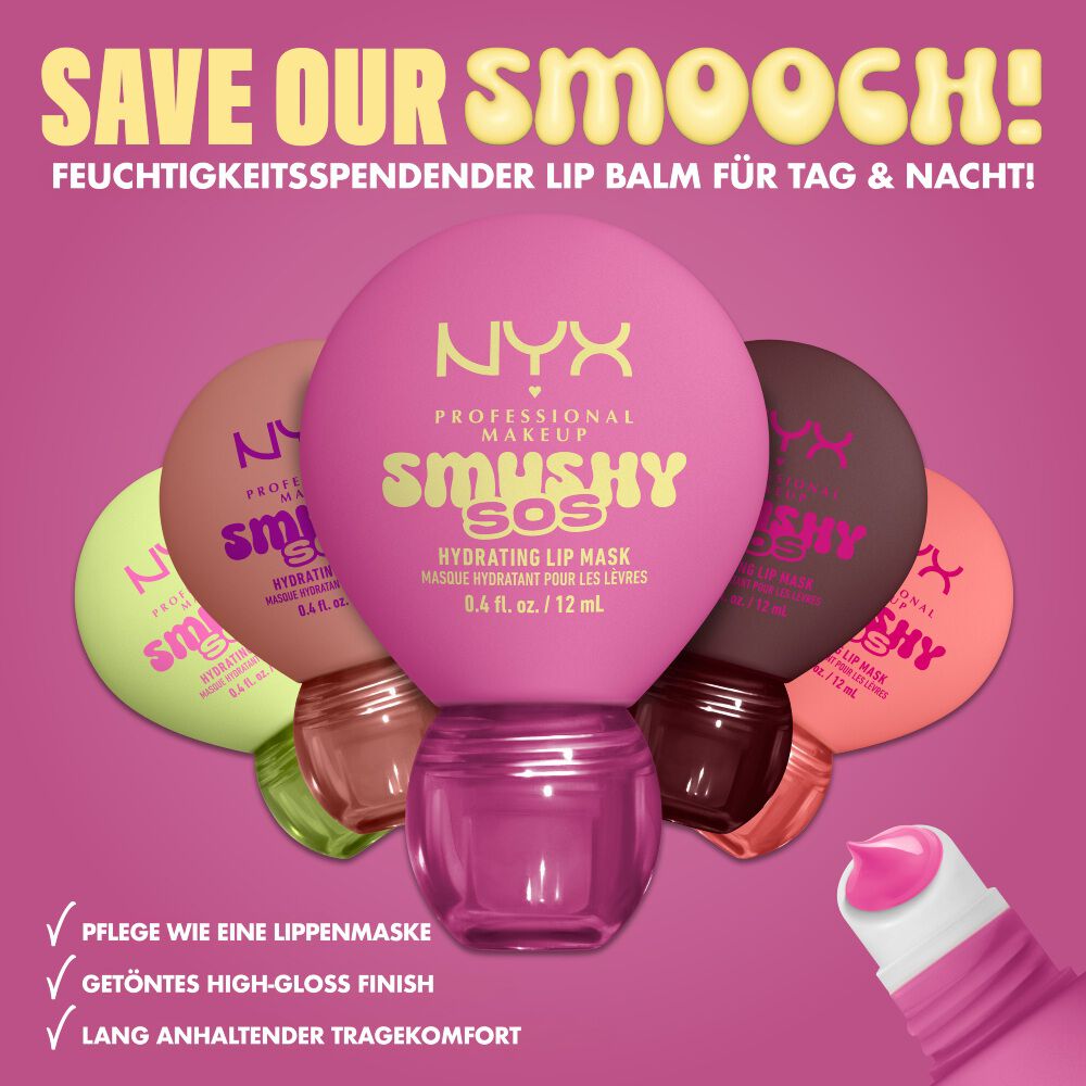 Werbegrafik fur den NYX Smushy SOS Hydrating Lip Balm mit funf verschiedenen Farbtonen, die Lippen-Pflege mit einem getonten High-Gloss-Finish kombiniert.