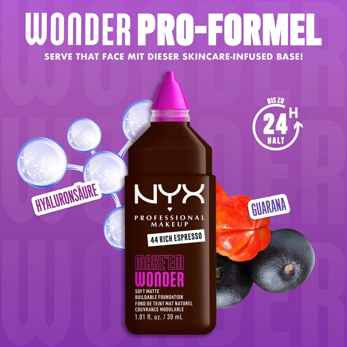 Make 'Em Wonder Foundation neben ihren Inhaltsstoffen Hyaluronsaure und Guarana-Extrakt