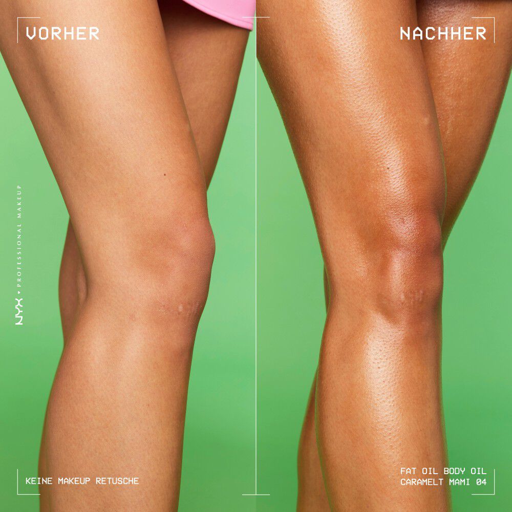 Ein Vorher-Nachher-Vergleich an den Beinen demonstriert den intensiven Glanzeffekt des NYX Juicy Boo Fat Oil Body Oils auf dunklerer Haut.