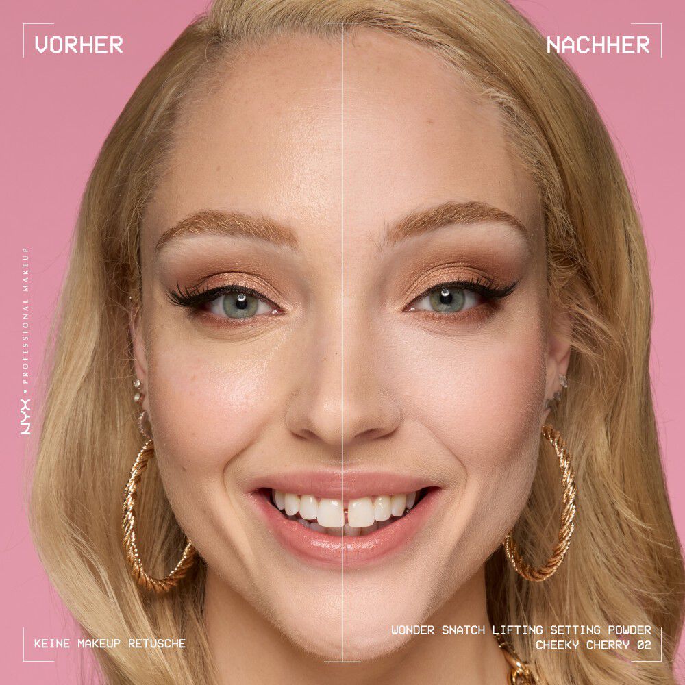 Vorher-Nachher-Bild einer jungen Frau mit und ohne aufgetragenem Wonder Snatch Lifting Setting Powder von NYX Professional Makeup