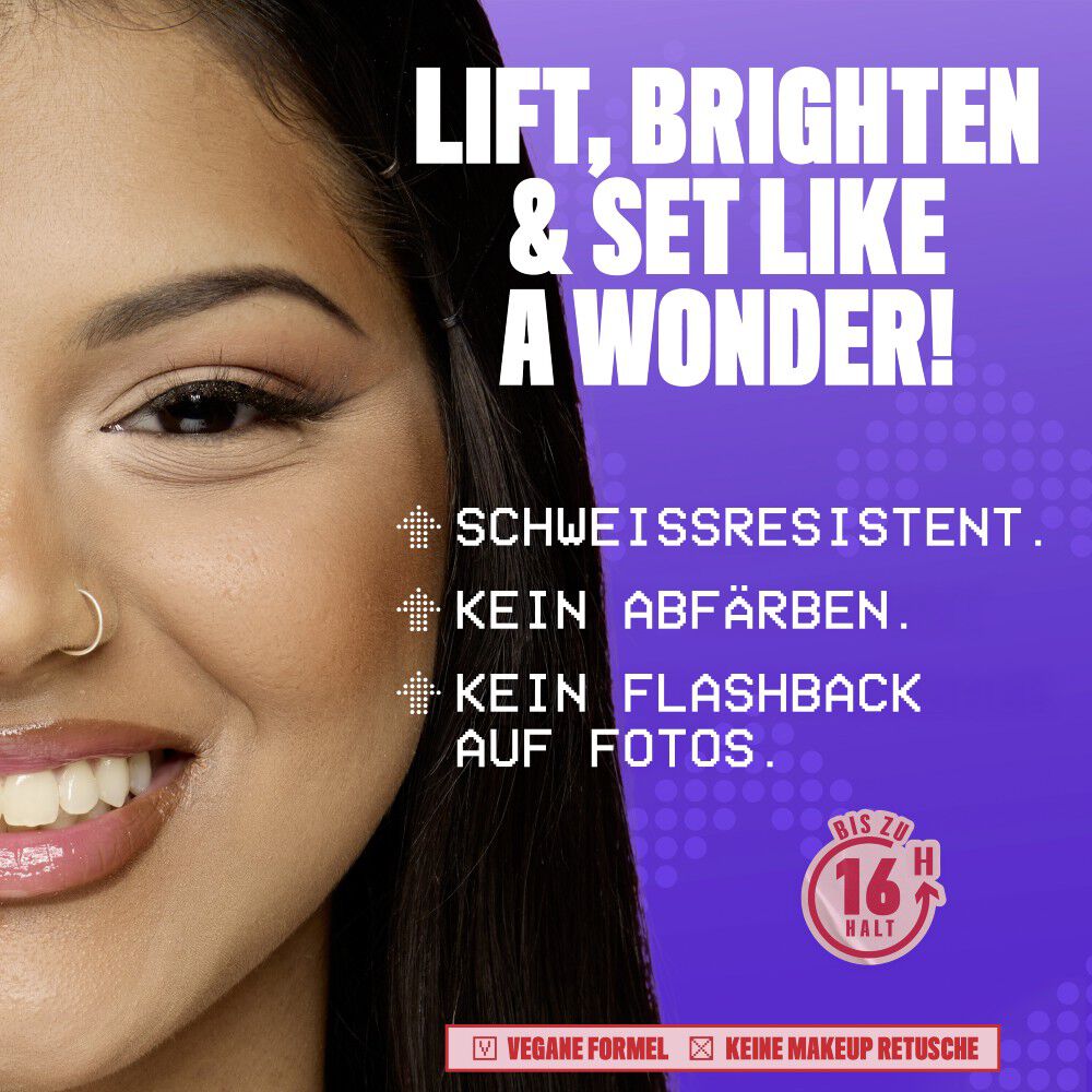 Nahaufnahme einer lachelnden Frau links neben Produktaussagen: schweißfest, wischfest, ohne Flashback-Effekt auf Fotos