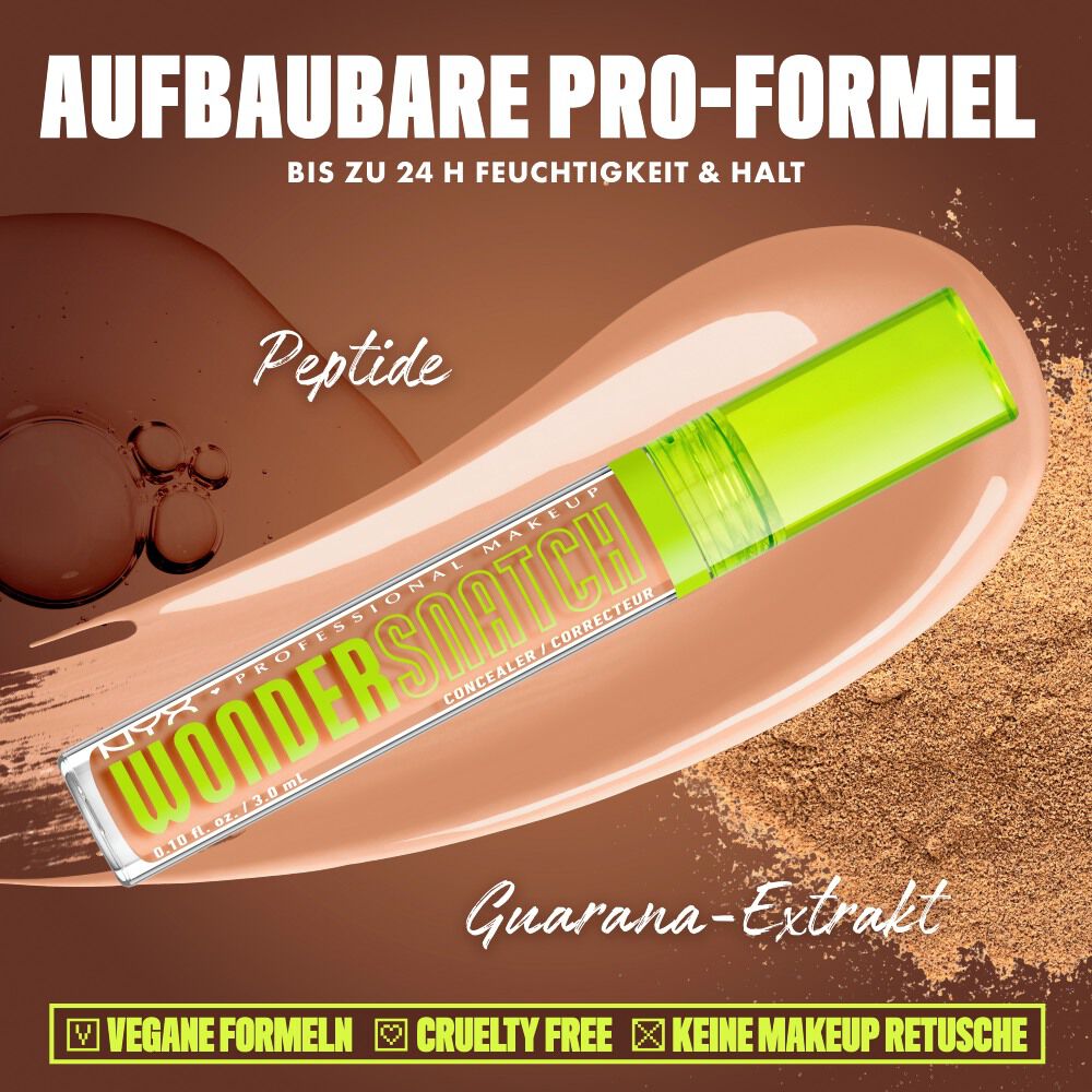 Produktgrafik des NYX Wonder Snatch™ Concealers, die die aufbaubare Formel mit Peptiden und Guarana-Extrakt fur bis zu 24 Stunden Feuchtigkeit und Halt prasentiert.