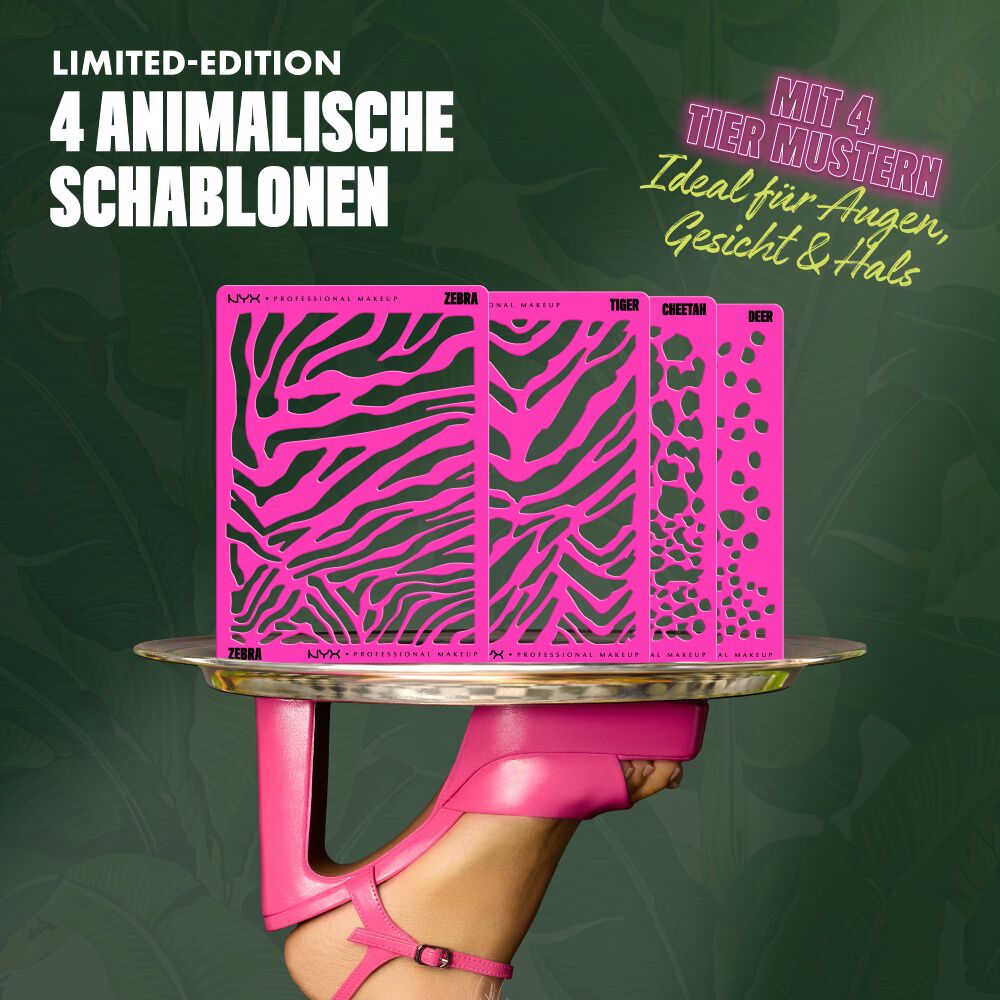 NYX Professional Makeup Party Animals Stencils Kit, geoffnet auf einem Tray prasentiert, gehalten von einem Model mit pinkem Handschuh.