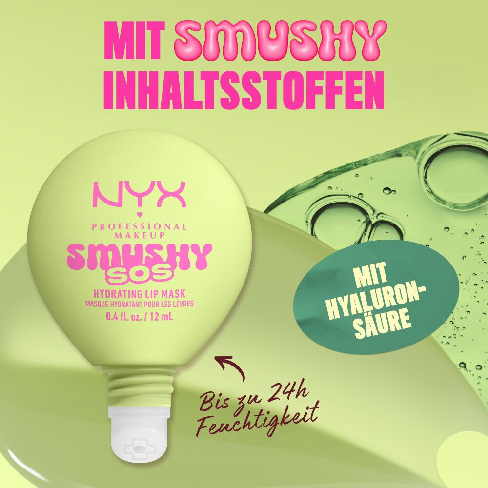Infografik zu den Inhaltsstoffen des NYX Smushy SOS Lip Balm, der bis zu 24 Stunden Feuchtigkeit verspricht und Hyaluronsaure enthalt.