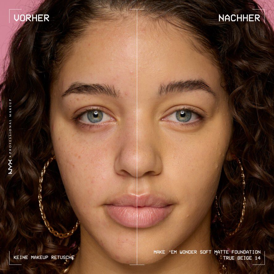 Vorher-Nachher-Bild vom Gesicht einer lachelnden Person mit und ohne Make 'Em Wonder Foundation