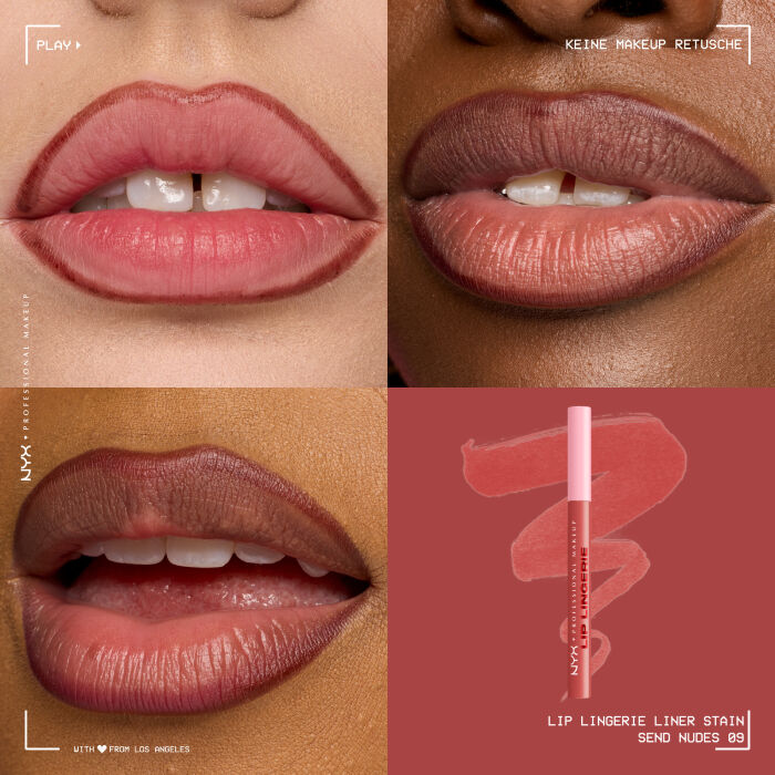 Das Bild ist eine vierteilige Collage, die Lippen-Make-up auf verschiedenen Hauttonen zeigt und ein Produkt prasentiert.
