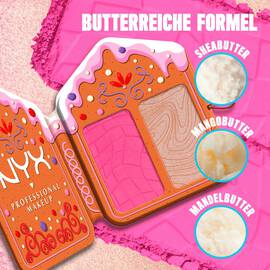 Zeigt eine geoffnete „Buttermelt Face Palette” und hebt wichtige Inhaltsstoffe wie „SHEABUTTER”, „MANGOBUTTER” und „MANDELBUTTER” unter der Uberschrift „BUTTERRICHE FORMEL” in der Buttermelt Face Palette, Farbton 01 Light/Medium, hervor. 
