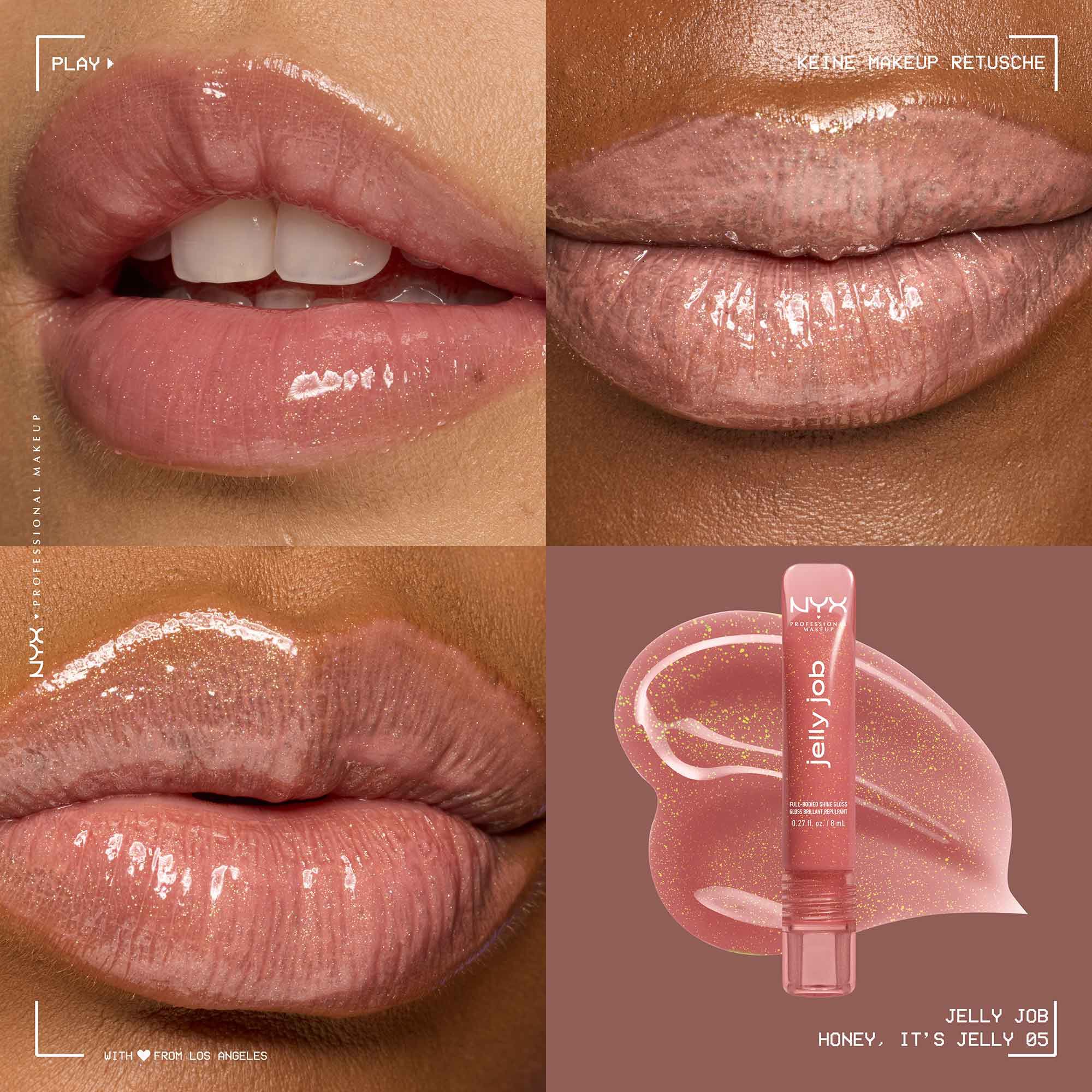 Ein Collage-Bild, das vier verschiedene Ansichten des NYX Professional Makeup "Jelly Job" Lipgloss zeigt.