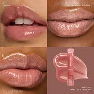 4-teiliges Collage-Bild mit 3 glanzenden Lippen in verschiedenen Hauttonen und dem Jelly Job Lipgloss von NYX Professional Makeup