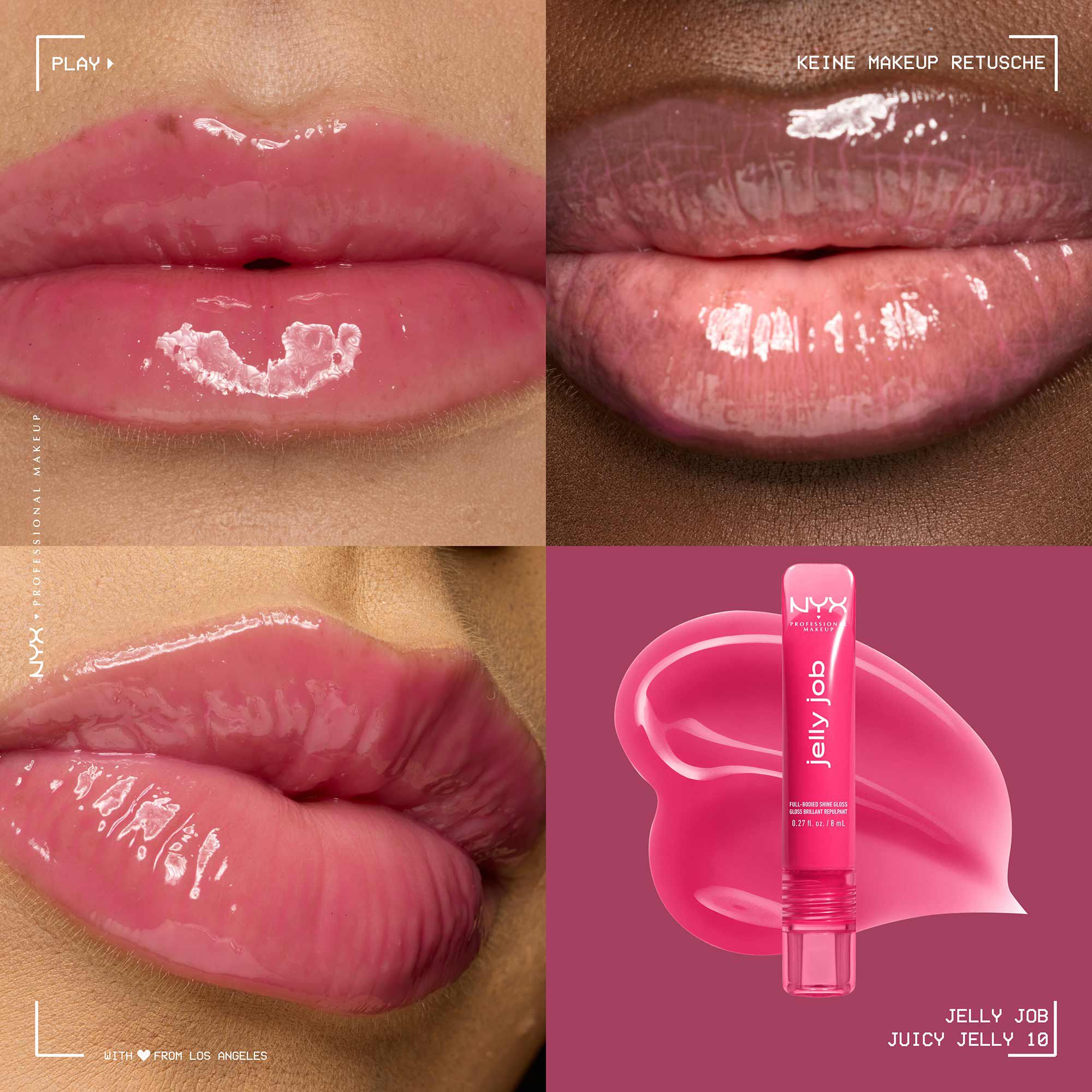 Ein Collage-Bild, das vier verschiedene Ansichten des NYX Professional Makeup "Jelly Job" Lipgloss zeigt.