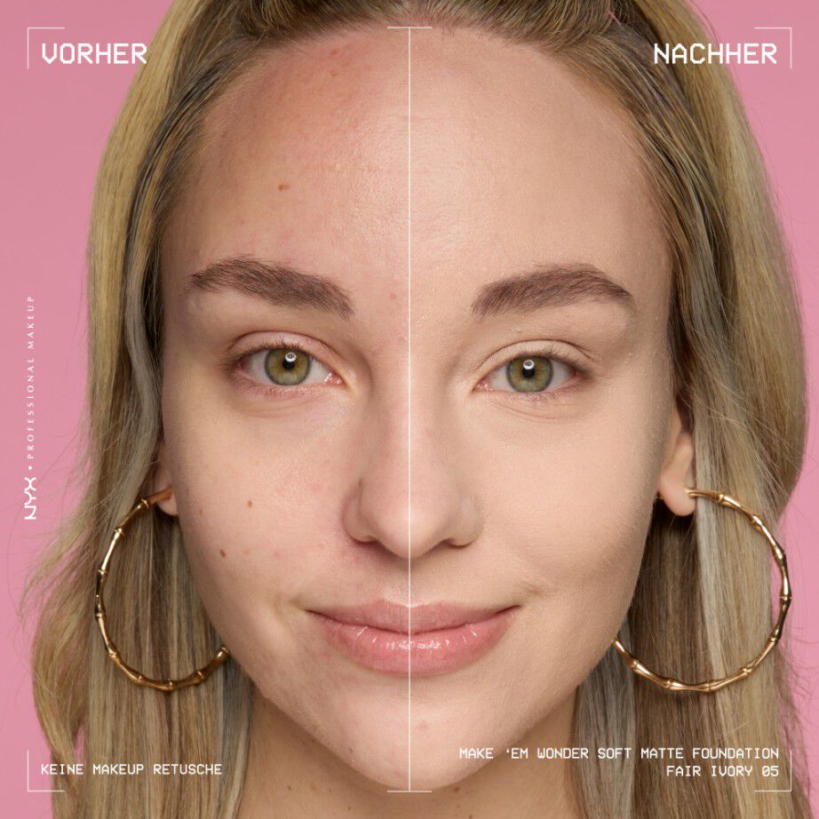 Vorher-Nachher-Bild vom Gesicht einer lachelnden Person mit und ohne Make 'Em Wonder Foundation