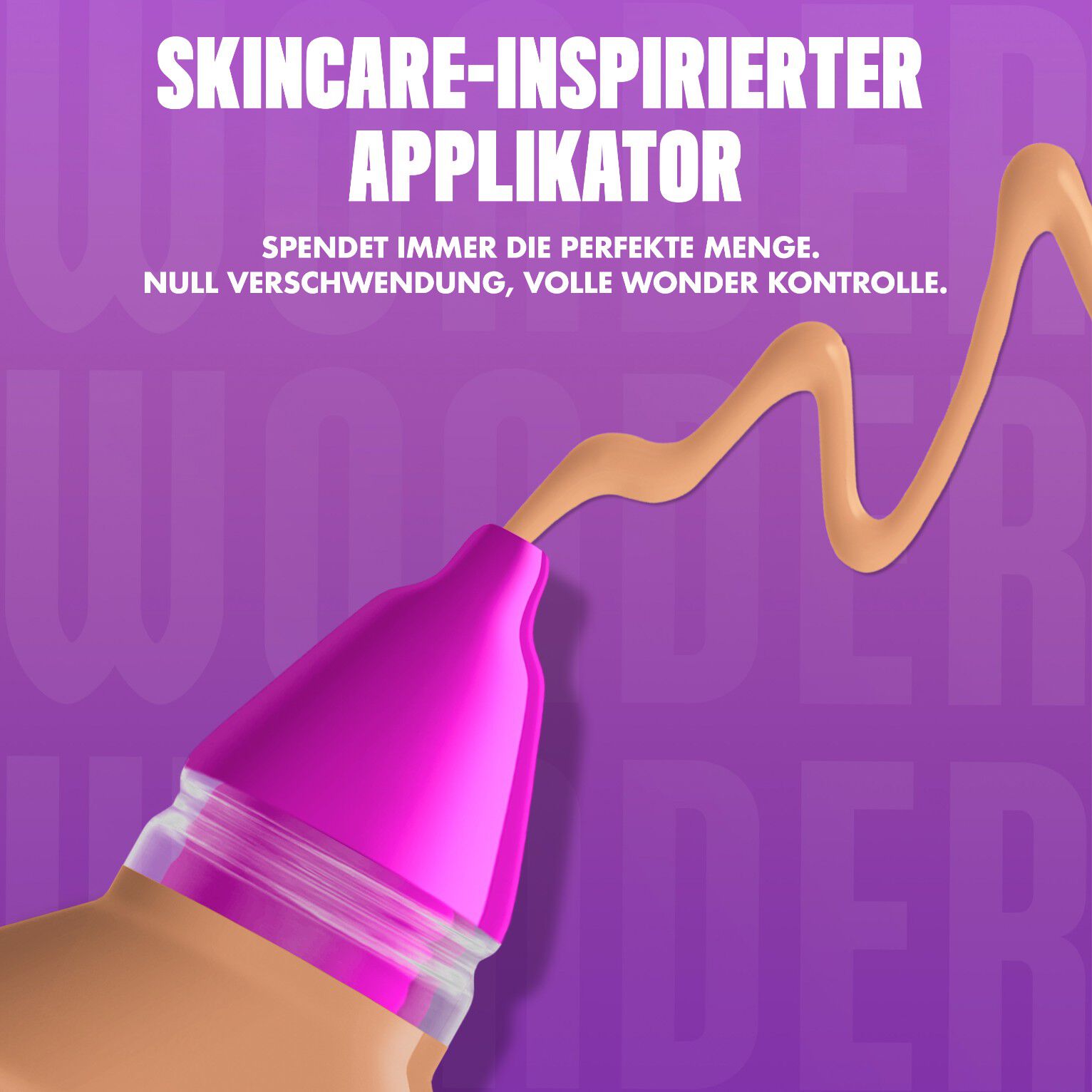 Nahaufnahme des Make 'Em Wonder Foundation-Applikators beworben mit einer prazisen Produkt-Dosis