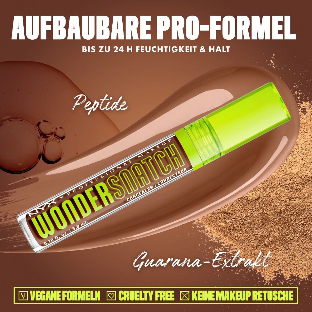 Produktgrafik des NYX Wonder Snatch™ Concealers, die die aufbaubare Formel mit Peptiden und Guarana-Extrakt fur bis zu 24 Stunden Feuchtigkeit und Halt prasentiert.