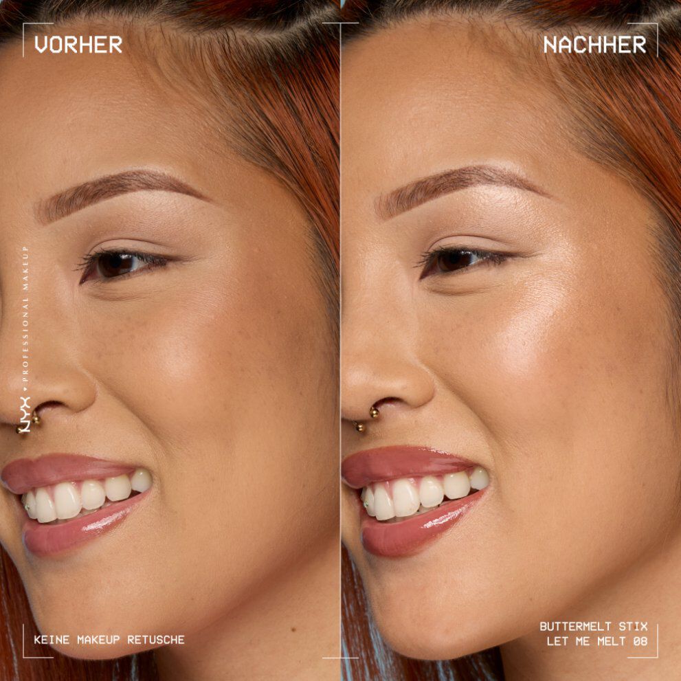 Dieses Bild ist eine Vorher-Nachher-Darstellung, die die Wirkung des NYX Professional Makeup Buttermelt Stix zeigt. Die Darstellung ist vertikal geteilt und zeigt das Gesicht einer Person.