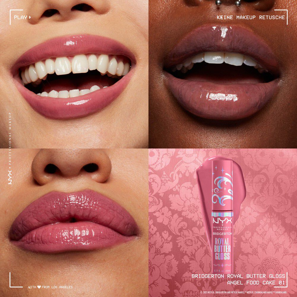 Vier Nahaufnahmen von Lippen zeigen den NYX Bridgerton Royal Butter Gloss in verschiedenen Farbtonen mit glanzendem, pflegendem Finish. Kleines Bild des Tubus in 01 Angel Food Cake.