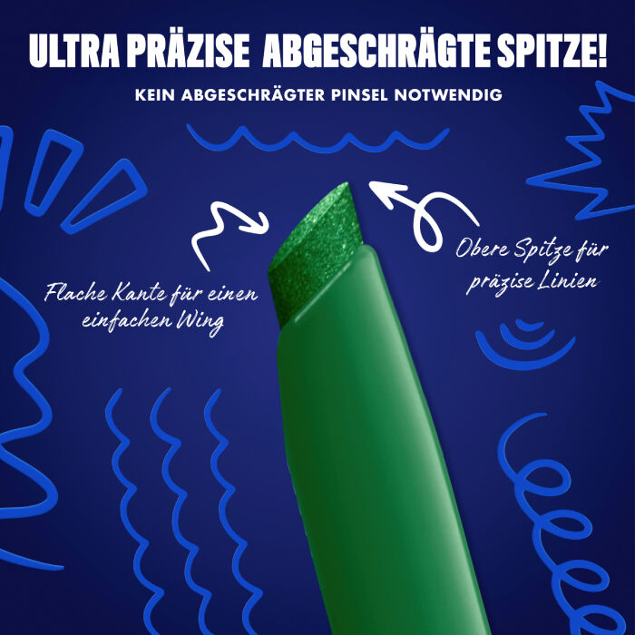 Das Bild zeigt eine Nahaufnahme der abgeschragten Spitze eines Eyeliners vor einem dunkelblauen Hintergrund. Auf dem Bild sind verschiedene Texte und Illustrationen zu sehen.
