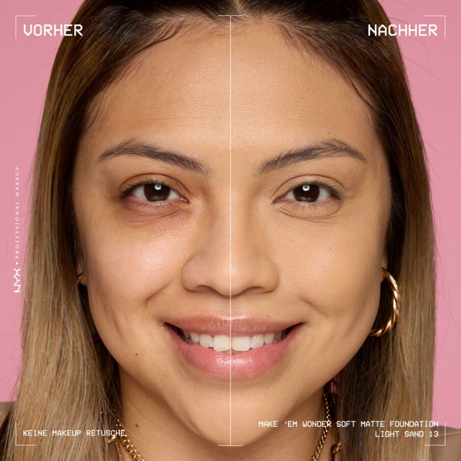 Vorher-Nachher-Bild vom Gesicht einer lachelnden Person mit und ohne Make 'Em Wonder Foundation