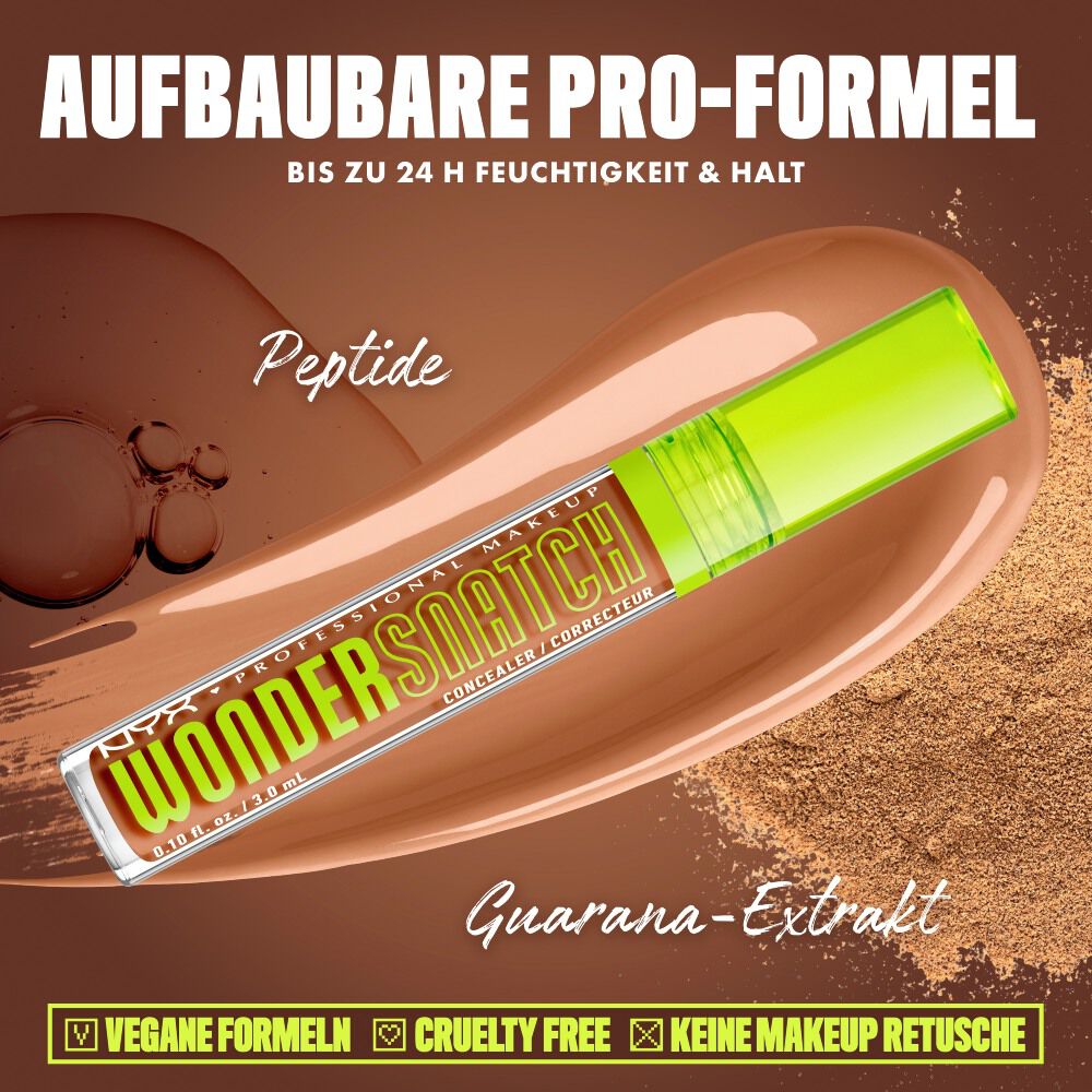 Produktgrafik des NYX Wonder Snatch™ Concealers, die die aufbaubare Formel mit Peptiden und Guarana-Extrakt fur bis zu 24 Stunden Feuchtigkeit und Halt prasentiert.