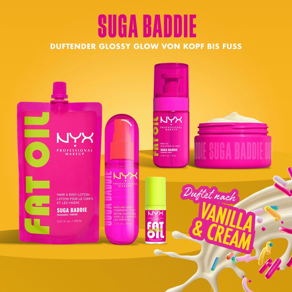 Die komplette „Suga Baddie“-Kollektion mit Duftrichtung „Vanilla & Cream“ umfasst Lotion, Mist, Ol, Butter und Lipgloss.