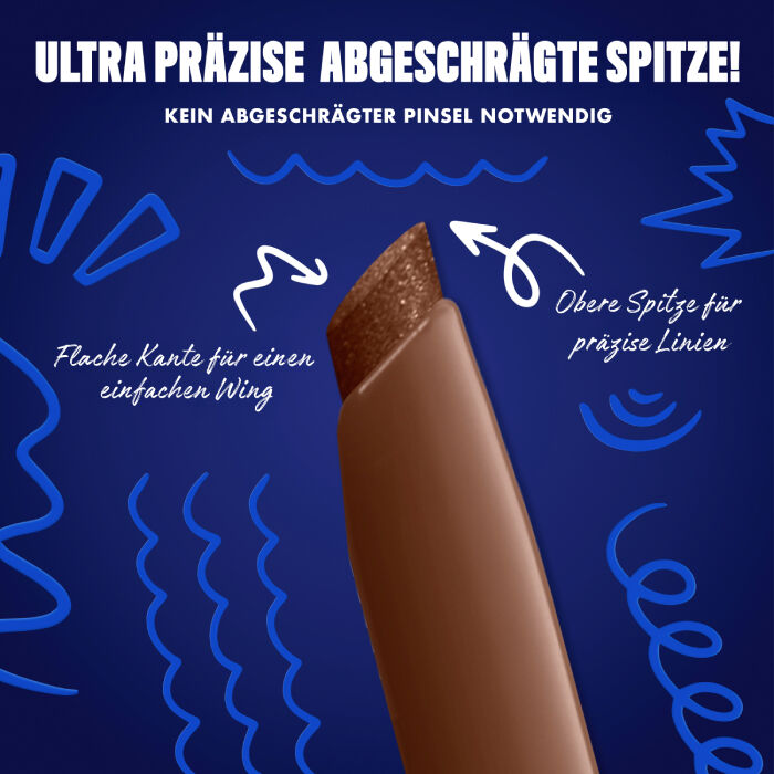 Das Bild zeigt eine Nahaufnahme der abgeschragten Spitze eines Eyeliners vor einem dunkelblauen Hintergrund. Auf dem Bild sind verschiedene Texte und Illustrationen zu sehen.