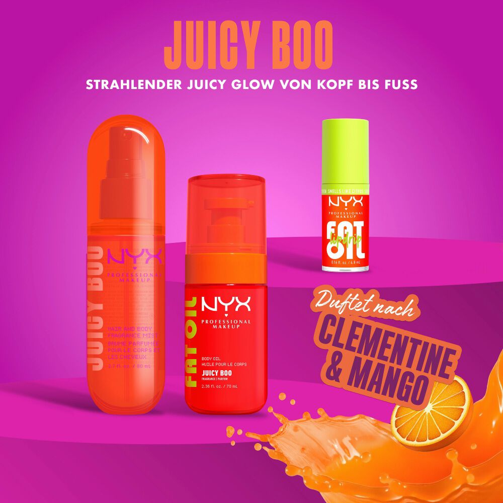 Ubersicht der Juicy Boo Kollektion mit Duftspray, Korperol und Lipgloss sowie dem Hinweis auf den Duft nach Clementine und Mango.