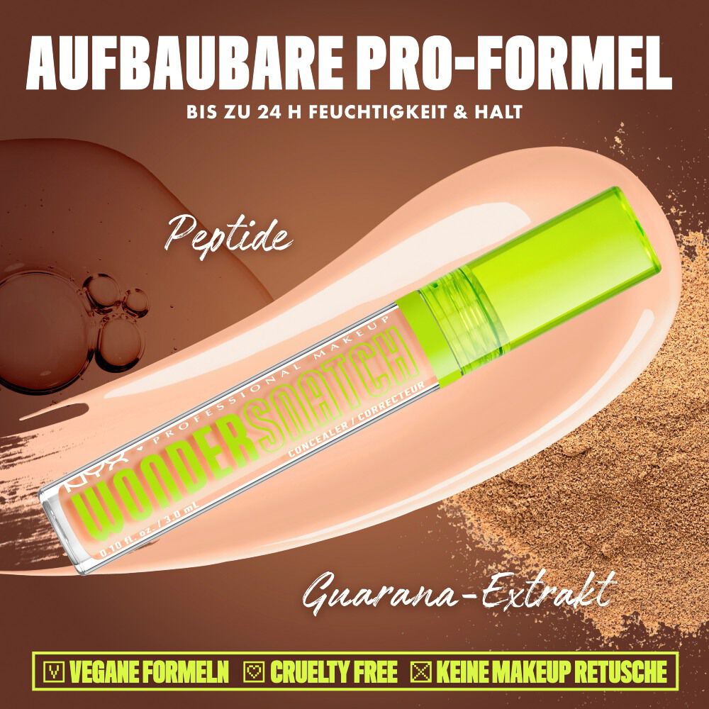 Produktgrafik des NYX Wonder Snatch™ Concealers, die die aufbaubare Formel mit Peptiden und Guarana-Extrakt fur bis zu 24 Stunden Feuchtigkeit und Halt prasentiert.