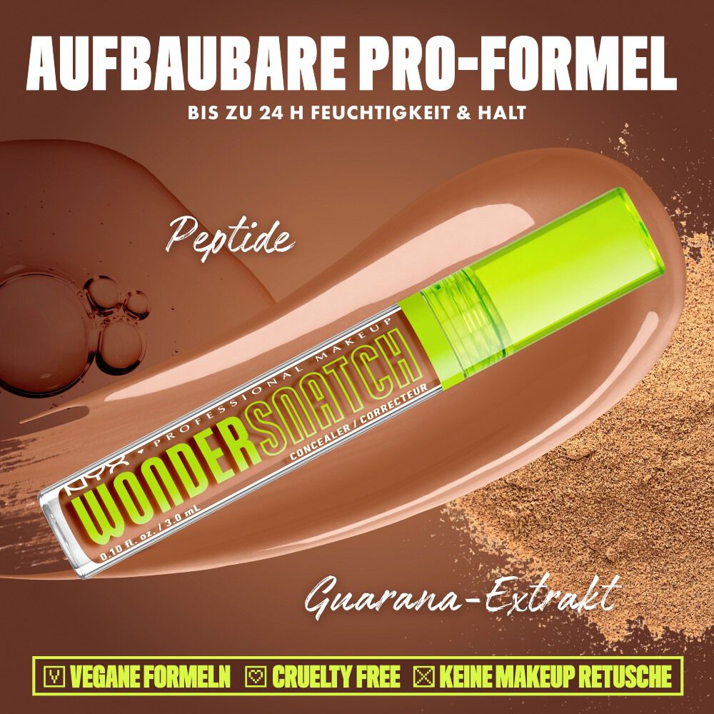 Produktgrafik des NYX Wonder Snatch™ Concealers, die die aufbaubare Formel mit Peptiden und Guarana-Extrakt fur bis zu 24 Stunden Feuchtigkeit und Halt prasentiert.