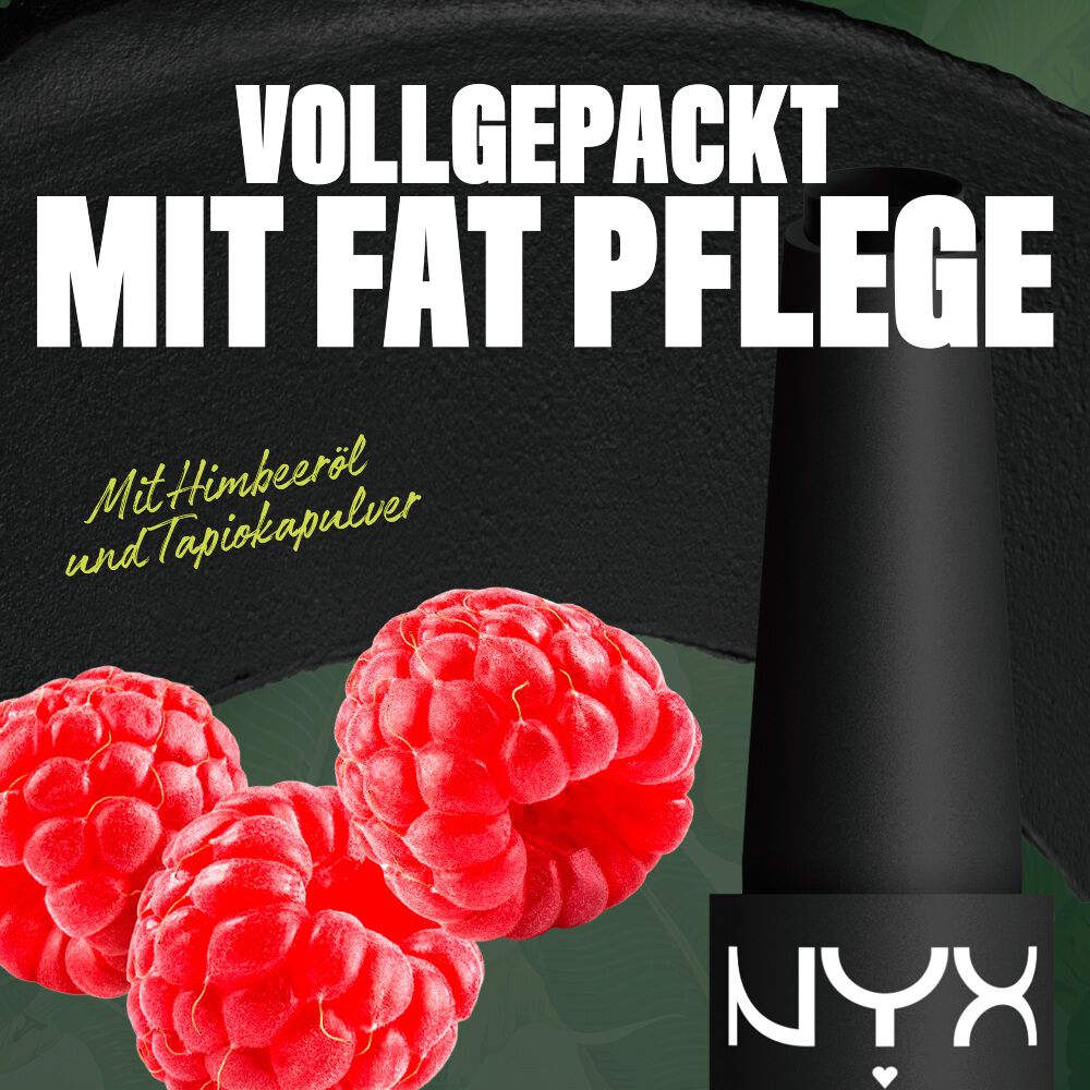 NYX Professional Makeup Party Animals Fat Matte Smooth Color Lipstick in der Nuance Fatal Pout neben Himbeeren – als Symbol fur den Inhaltsstoff Himbeerol im Produkt.