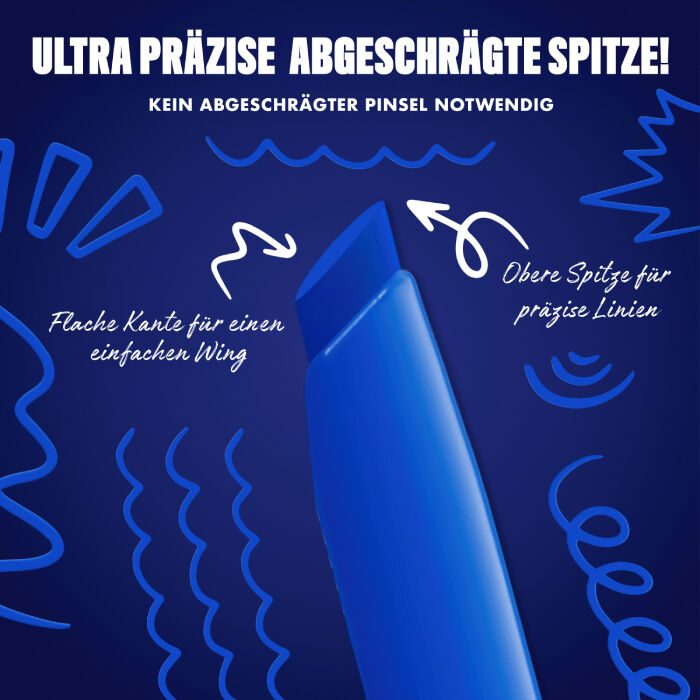 Das Bild zeigt eine Nahaufnahme der abgeschragten Spitze eines Eyeliners vor einem dunkelblauen Hintergrund. Auf dem Bild sind verschiedene Texte und Illustrationen zu sehen.