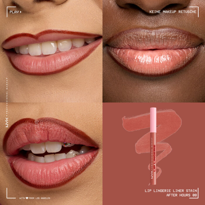 Das Bild ist eine vierteilige Collage, die Lippen-Make-up auf verschiedenen Hauttonen zeigt und ein Produkt prasentiert.