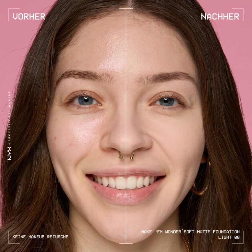Vorher-Nachher-Bild vom Gesicht einer lachelnden Person mit und ohne Make 'Em Wonder Foundation