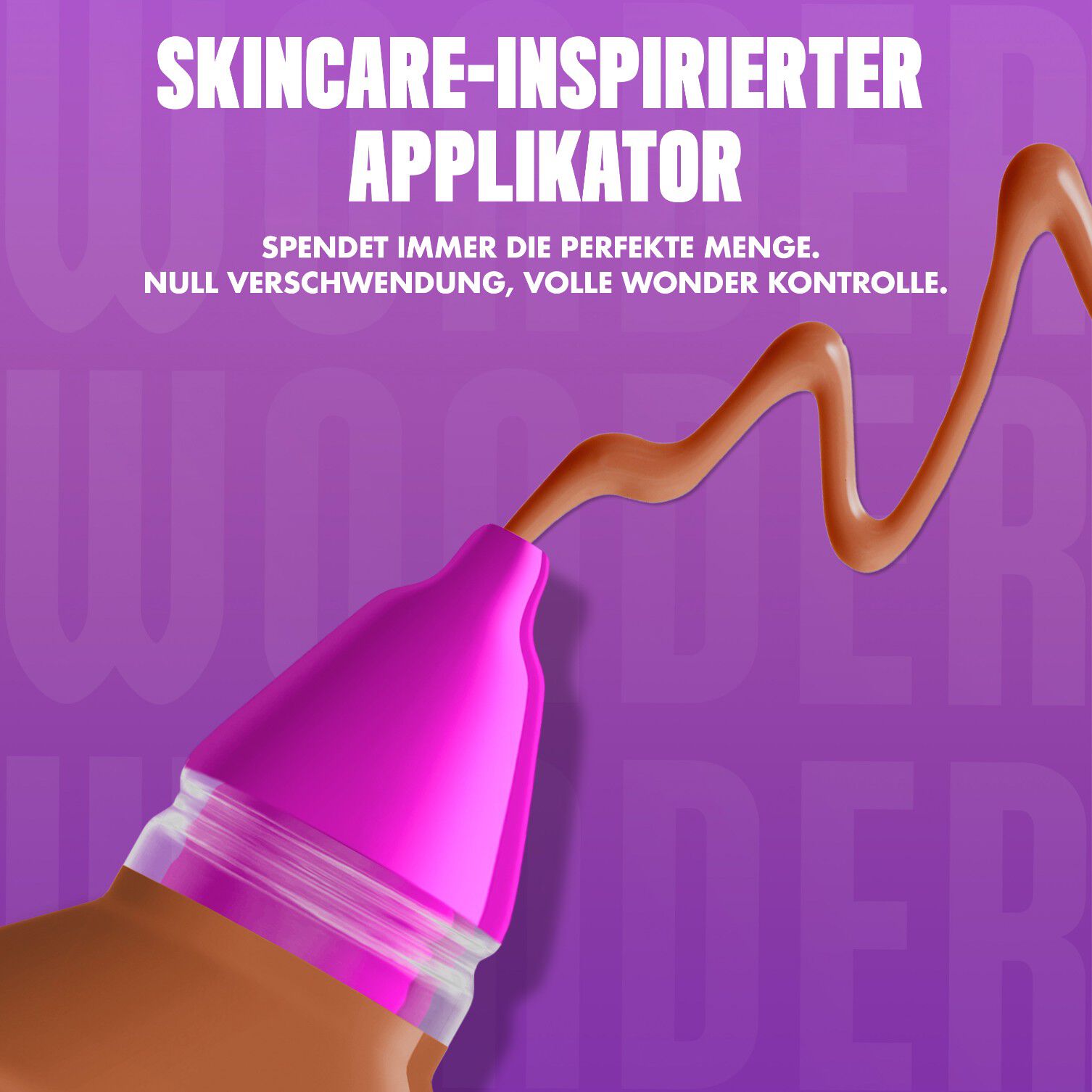 Nahaufnahme des Make 'Em Wonder Foundation-Applikators beworben mit einer prazisen Produkt-Dosis