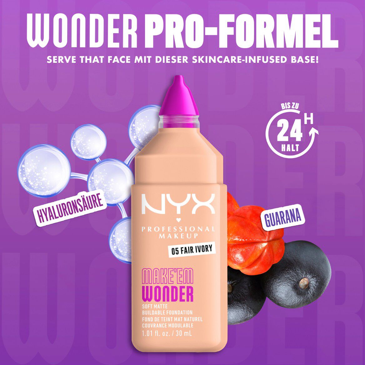Make 'Em Wonder Foundation neben ihren Inhaltsstoffen Hyaluronsaure und Guarana-Extrakt