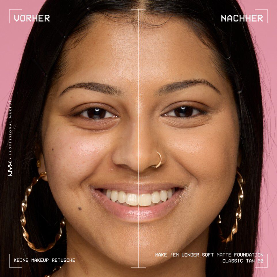 Vorher-Nachher-Bild vom Gesicht einer lachelnden Person mit und ohne Make 'Em Wonder Foundation