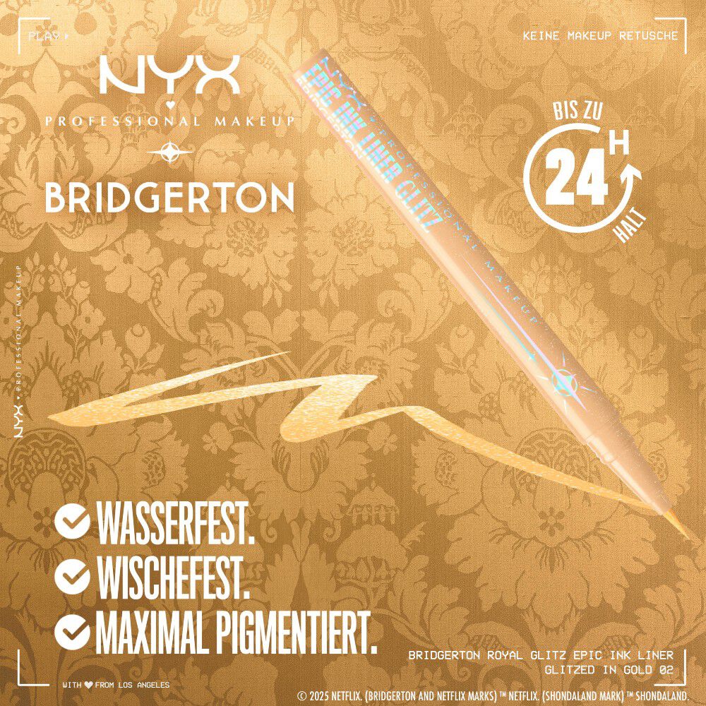 Nahaufnahme: goldener Eyeliner von NYX PMU x Bridgerton auf goldenem Hintergrund. Text: „Wasserfest, wischfest, farbbestandig, 24 Std.“. Farbton 02 Glitzed In Gold.