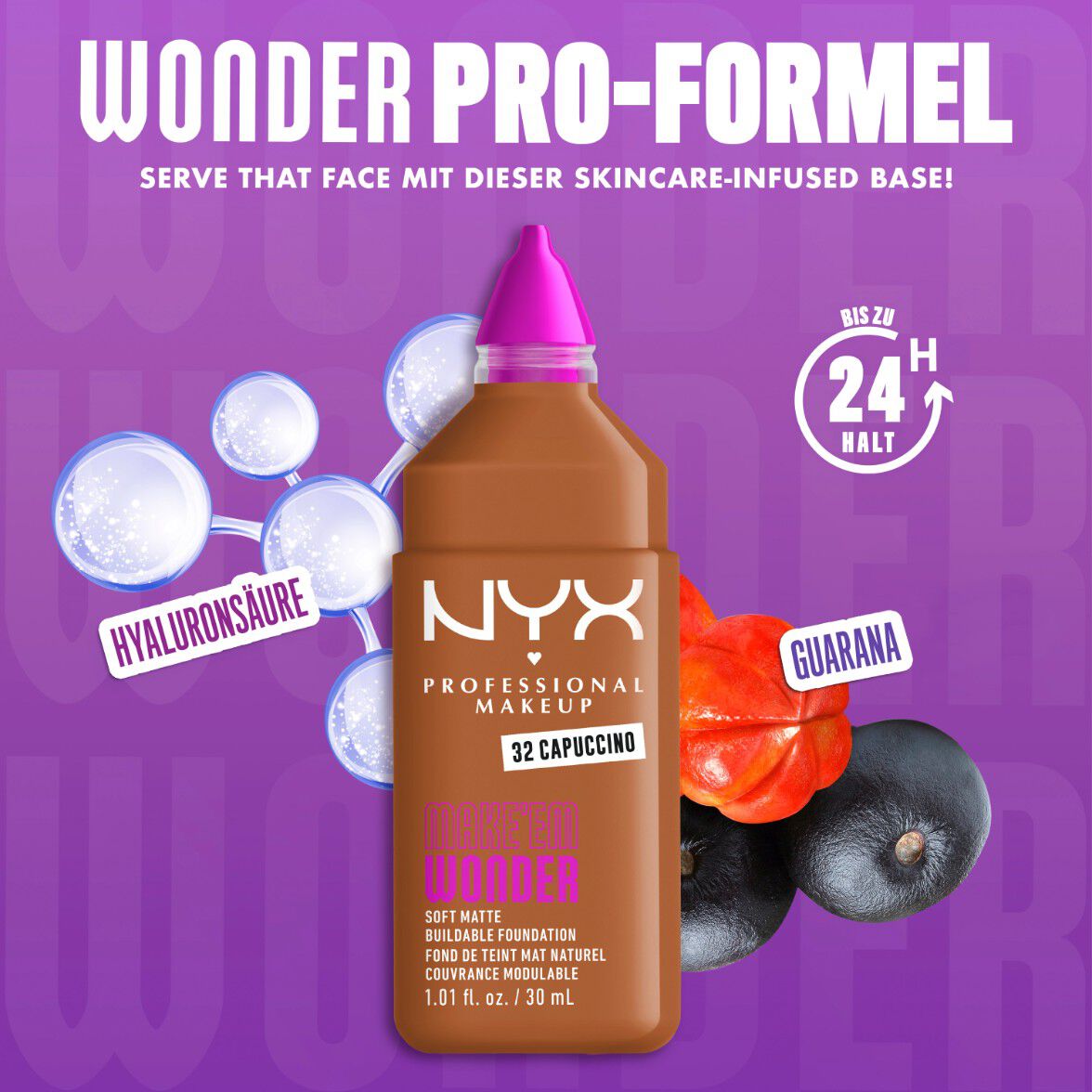 Make 'Em Wonder Foundation neben ihren Inhaltsstoffen Hyaluronsaure und Guarana-Extrakt