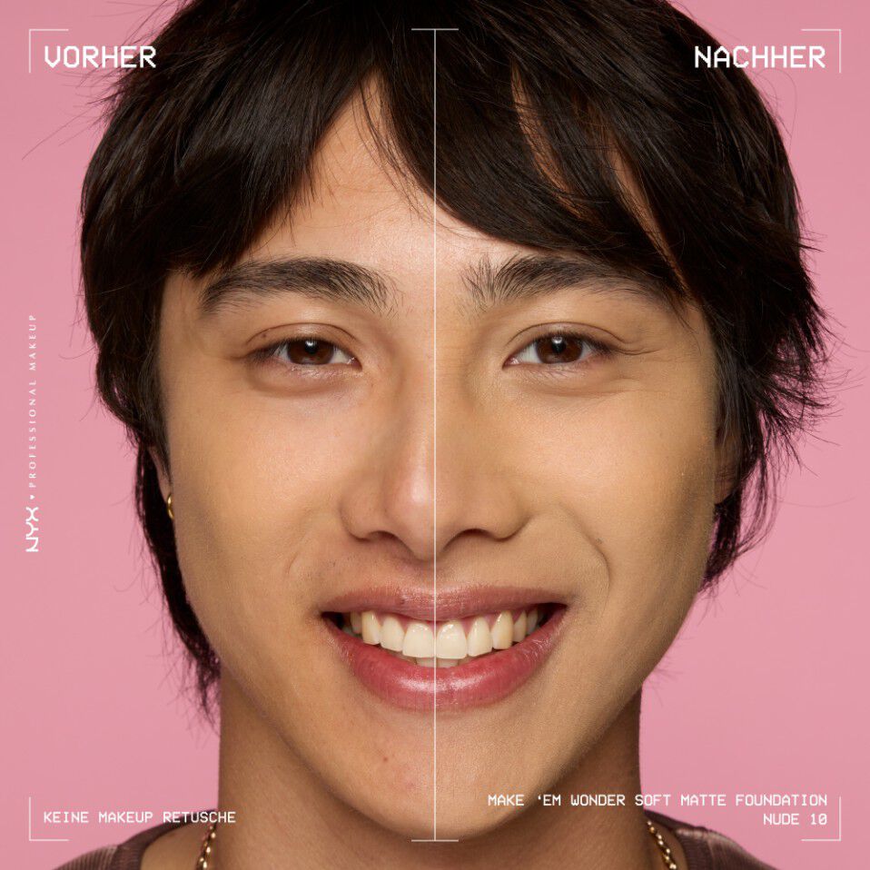 Vorher-Nachher-Bild vom Gesicht einer lachelnden Person mit und ohne Make 'Em Wonder Foundation