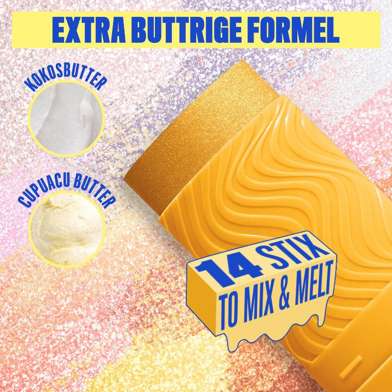 Ein farbenfrohes und glitzerndes Werbebild, das die Hauptbestandteile und Eigenschaften der "Buttermelt Stix" von NYX Professional Makeup hervorhebt. Der Hintergrund ist eine Mischung aus schimmernden Pink-, Lila- und Goldtonen.