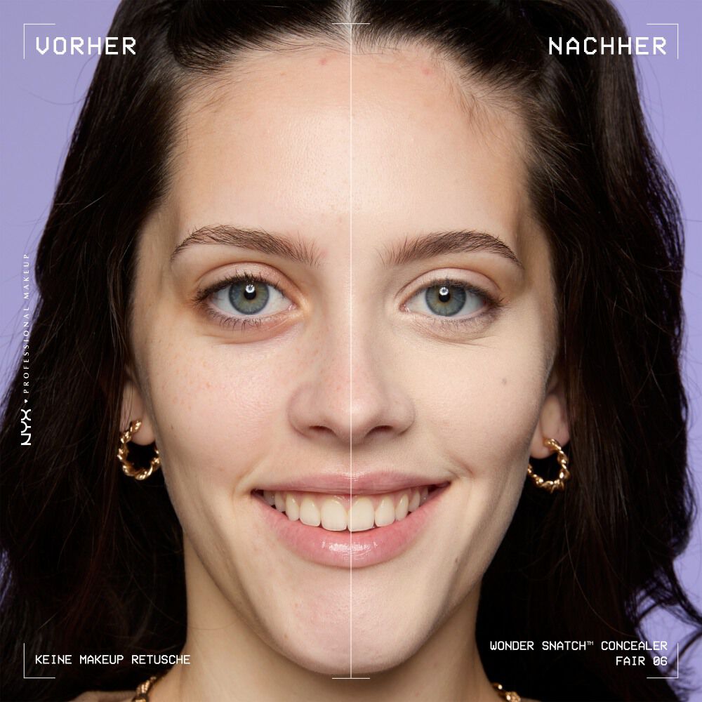 Ein unretuschierter Vorher-Nachher-Vergleich im Split-Screen demonstriert die hohe Deckkraft des NYX Wonder Snatch™ Concealers.