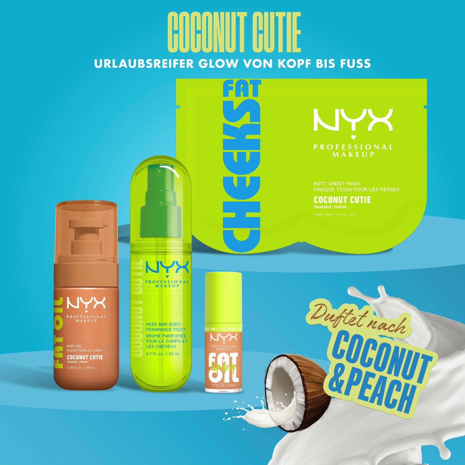 Die „Coconut Cutie“ Produktserie mit Korperol, Mist, Lipgloss und Pomaske wird dekorativ auf blauem Grund prasentiert.