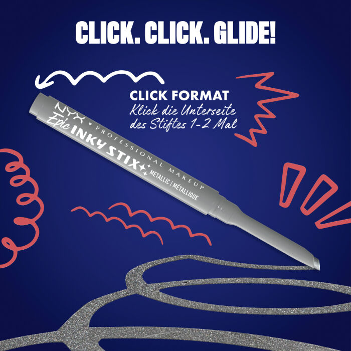Das Bild zeigt einen Eyeliner-Stift von NYX Professional Makeup, diagonal auf einem dunkelblauen Hintergrund platziert. Oben steht in großen weißen Buchstaben "CLICK. CLICK. GLIDE!".