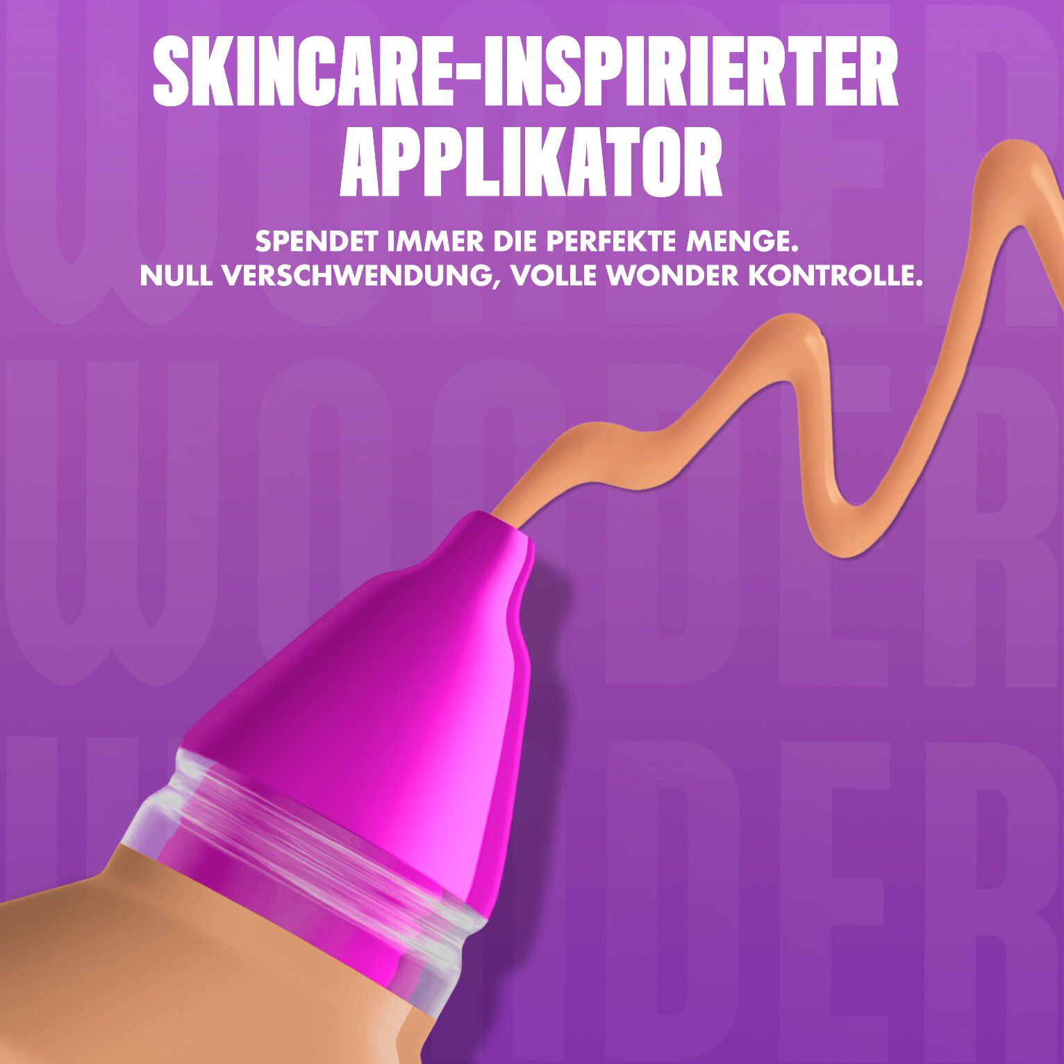 Nahaufnahme des Make 'Em Wonder Foundation-Applikators beworben mit einer prazisen Produkt-Dosis