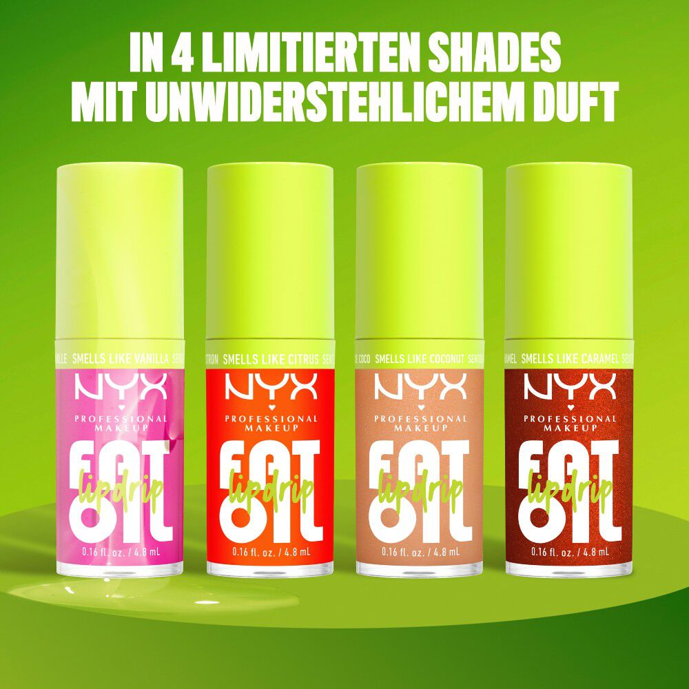 Vier verschiedene Shades des NYX Fat Oil Lip Drips werden nebeneinander auf einem grunen Untergrund prasentiert.