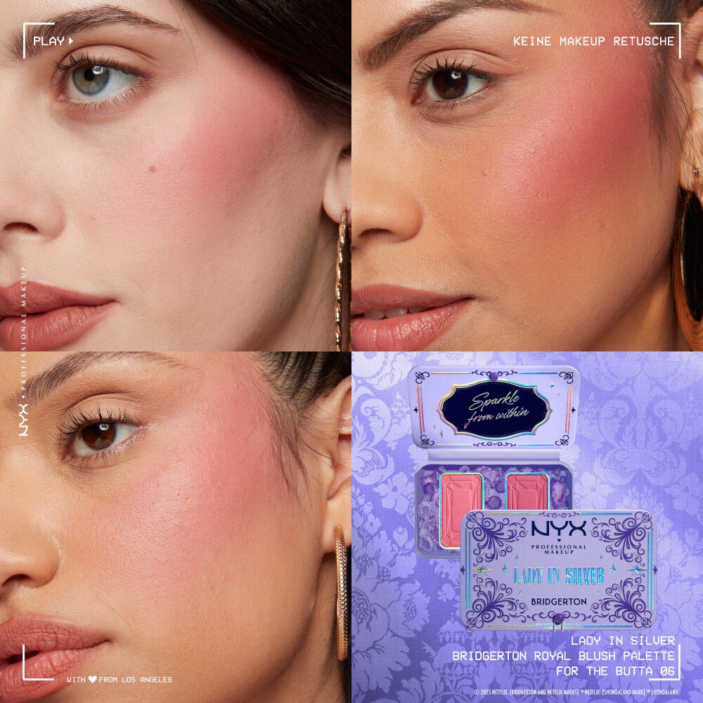 Grid aus vier Close-ups: Models mit unterschiedlichen Hauttonen tragen das NYX Professional Makeup Bridgerton Blush Duo und zeigen die Nuancen auf der Haut. Darunter die geoffnete Blush-Palette in der Shade 03 The Queen.