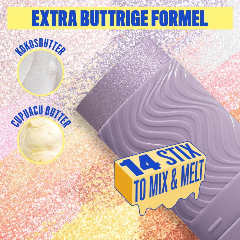 Ein farbenfrohes und glitzerndes Werbebild, das die Hauptbestandteile und Eigenschaften der "Buttermelt Stix" von NYX Professional Makeup hervorhebt. Der Hintergrund ist eine Mischung aus schimmernden Pink-, Lila- und Goldtonen.