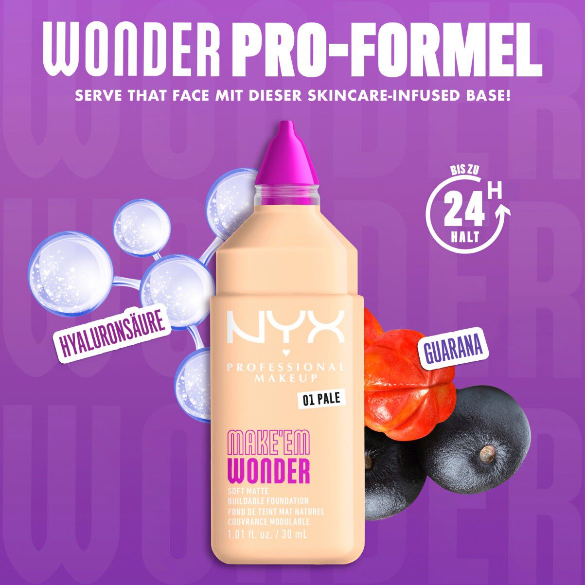 Make 'Em Wonder Foundation neben ihren Inhaltsstoffen Hyaluronsaure und Guarana-Extrakt