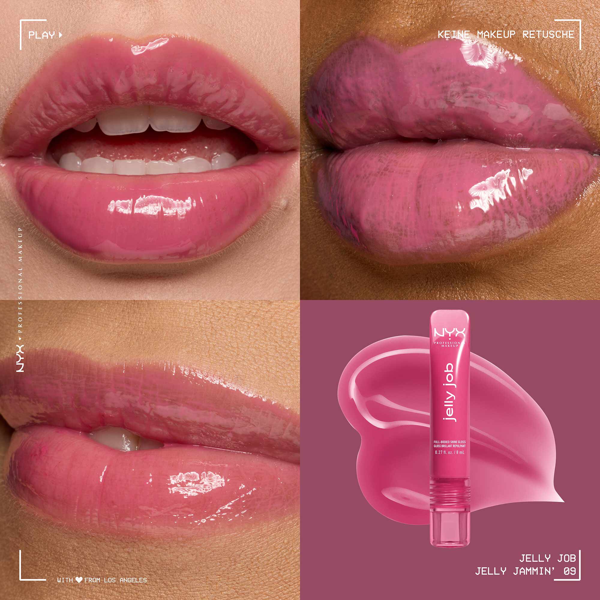 Ein Collage-Bild, das vier verschiedene Ansichten des NYX Professional Makeup "Jelly Job" Lipgloss zeigt.