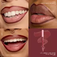 Vierteilige Collage mit 3 Anwendungen des Lip Lingerie Lip Liner Stains auf verschiedenen Hauttonen und dem Lipliner